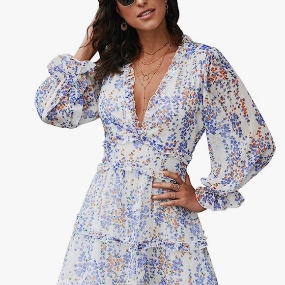 Long Sleeve Casual Summer Ruffle Backless Floral Flowy Swing Mini Dress - Picture 5 of 6